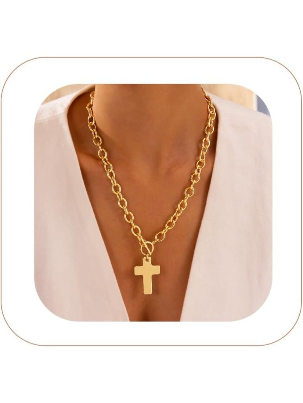 Women's Chunky Cross Chunky Gold Heart 14 Plated Toggle Statement Necklace